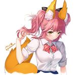  animal_ears black_ribbon breasts fate/extella fate/extra fate_(series) fox_ears fox_tail large_breasts long_hair looking_at_viewer looking_up nail_polish pink_hair ribbon school_uniform shirt simple_background smile solo tail tamamo_(fate)_(all) tamamo_jk_(fate) twintails twitter_username white_background yellow_eyes youqiniang 
