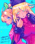  2girls alternate_age bangs blonde_hair blue_background blue_eyes bow breasts capcom character_name coat earrings fur_collar fur_trim hair_bow hair_ornament hat japanese_text kalinka_cossack large_breasts lip long_eyelashes long_hair looking_to_the_side metool multiple_girls nail_polish rockman rockman_(classic) roll rubber signature simple_background small_breasts smile spandex teeth text tight tight_clothes ushanka 
