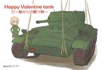  blonde_hair blue_eyes caterpillar_tracks commentary_request emblem girls_und_panzer ground_vehicle katyusha military military_vehicle motor_vehicle pravda_(emblem) pravda_school_uniform rope short_hair tank valentine_(tank) wacchi-san white_background 