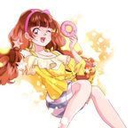  amanogawa_kirara blush brown_hair donut dress long_hair ribbon smile twintails violet_eyes wink 