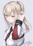  2018 alternate_hairstyle blonde_hair blue_eyes breasts collared_jacket dated graf_zeppelin_(kantai_collection) grey_background grey_jacket iron_cross jacket kantai_collection large_breasts long_hair long_sleeves looking_at_viewer necktie ponytail red_neckwear rokuwata_tomoe sidelocks simple_background solo twitter_username upper_body 