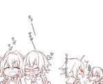  3girls ahoge artoria_pendragon_(all) astolfo_(fate) bespectacled braid breath chibi closed_eyes dual_persona eating fang fate/apocrypha fate/grand_order fate_(series) glasses heart heart_in_mouth jeanne_d'arc_(alter)_(fate) jeanne_d'arc_(fate) jeanne_d'arc_(fate)_(all) long_braid long_hair looking_at_another monochrome multiple_girls open_mouth otoko_no_ko punio saber_alter selfcest semi-rimless_eyewear short_hair single_braid smirk translation_request under-rim_eyewear white_background yuri 