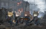  animal_ears bad_gun_anatomy battlefield_(series) battlefield_1 bayonet black_hair blonde_hair blue_eyes brown_hair bundled_charge charging_(attack) chibi commentary dog_ears dog_girl furry green_eyes gun hair_bun holding holding_gun holding_weapon kite_balloon kiyopon machine_gun mauser_m1916 mg15 military military_uniform mp18 multiple_girls original rifle scope short_hair tail uniform war weapon yellow_eyes 