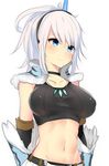  blue_eyes blush breasts capelet crop_top furaggu highres horn horn_ornament jewelry kirin_(armor) large_breasts midriff monster_hunter monster_hunter:_world navel necklace smile solo vambraces white_hair 