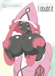  2017 absurd_res areola big_breasts black_skin blue_eyes breasts female hair hi_res huge_breasts humanoid hyper hyper_breasts legendary_pok&eacute;mon long_hair markings nintendo nipples pink_hair pok&eacute;mon pok&eacute;mon_(species) pok&eacute;morph shell shmeepo simple_background solo tapu_lele text video_games 