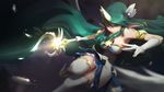  absurdly_long_hair alternate_costume alternate_hair_color ankle_wings armlet boots breasts elbow_gloves feathered_wings gloves green_eyes green_hair head_wings horn league_of_legends long_hair magical_girl medium_breasts pointy_ears running solo soraka staff star_guardian_soraka thigh_boots thighhighs vafar7 very_long_hair white_footwear white_gloves wings 