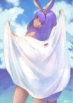  absurdres animal_ears commentary_request dark_skin earrings facial_mark fate/grand_order fate_(series) frozen_(gj0272) highres hoop_earrings jackal_ears jewelry long_hair looking_at_viewer looking_back low-tied_long_hair nitocris_(fate/grand_order) nitocris_(swimsuit_assassin)_(fate) purple_eyes purple_hair solo very_long_hair 