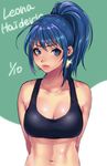  abs arms_behind_back blue_eyes blue_hair breasts character_name cleavage earrings hifumi_(art_sky_littel) jewelry large_breasts leona_heidern medium_hair navel ponytail solo sports_bra the_king_of_fighters 