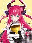  1girl blue_eyes cup dragon_girl elizabeth_bathory_(fate) fang fate/extra_ccc fate/grand_order fate_(series) grail holy_grail horns long_hair looking_at_viewer pink_hair pointy_ears tagme 