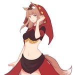  animal_ears artist_name breasts brown_hair cosplay cowboy_shot ddrake13 holo hood looking_at_viewer medium_breasts midriff navel odin_sphere puffy_sleeves red_hood short_sleeves simple_background solo spice_and_wolf star tail velvet_(odin_sphere) velvet_(odin_sphere)_(cosplay) white_background wolf_ears wolf_girl wolf_tail 