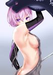  arm_up ass black_gloves blush breasts elbow_gloves eyebrows_visible_through_hair fate/grand_order fate_(series) from_side gloves gradient gradient_background grey_background grey_sweater hair_between_eyes holding holding_shield holding_sword holding_weapon liu5114 mash_kyrielight medium_breasts meme_attire naked_sweater pink_hair purple_eyes shield short_hair sideboob solo standing sweater sword virgin_killer_sweater weapon wet 