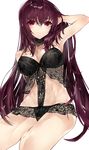  absurdres alternate_costume arm_up armpits black_choker breasts choker cleavage closed_mouth commentary commentary_request covered_navel eyebrows_visible_through_hair fate/grand_order fate_(series) hand_behind_head hand_in_hair highres kou_mashiro large_breasts lingerie long_hair looking_at_viewer navel negligee purple_hair red_eyes scathach_(fate)_(all) scathach_(fate/grand_order) see-through shiny shiny_hair simple_background sitting smile solo thighs underwear very_long_hair white_background yokozuwari 