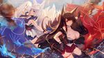  2girls akagi_(azur_lane) animal_ears anthropomorphism aqua_eyes azur_lane breasts brown_hair cleavage foxgirl gloves kaga_(azur_lane) kakumayu long_hair mask multiple_tails red_eyes skirt tail thighhighs torn_clothes white_hair 