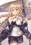  banner black_neckwear black_shorts blonde_hair braid cowboy_shot fate/apocrypha fate_(series) fleur_de_lis floating_hair hair_between_eyes highres holding holding_weapon jeanne_d'arc_(fate) jeanne_d'arc_(fate)_(all) long_hair looking_at_viewer necktie petals ponytail purple_eyes shiny shiny_skin shirt short_shorts shorts single_braid sleeveless sleeveless_shirt smile solo standing suzu_miya very_long_hair weapon white_shirt 