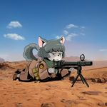  aiming animal_ears battlefield_(series) battlefield_1 black_hair desert dog_ears dog_girl furry gun kiyopon lying machine_gun military military_uniform on_stomach original short_hair solo tail uniform vickers_qf_gun_mk2 weapon 