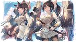  2girls animal_ears anthropomorphism atago_(azur_lane) azur_lane black_hair breasts clouds foxgirl garter_belt gloves katana long_hair military orange_eyes pantyhose ponytail sky stockings sword takao_(azur_lane) thighhighs uniform usanekorin watermark weapon 