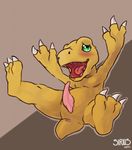  2017 agumon animal_genitalia anus blush digimon digital_media_(artwork) dinosaur erection genital_slit male nude penis scalie simple_background siriuswolfus slit smile solo teeth tongue yellow_skin 