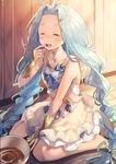  :d ^_^ ahoge apron bare_shoulders barefoot blue_hair blush bowl braid bridal_gauntlets chocolate choker closed_eyes collarbone dress finger_to_mouth floor granblue_fantasy hair_intakes hair_ornament hair_ribbon hairclip highres long_hair lyria_(granblue_fantasy) mixing_bowl open_mouth revision ribbon sitting smile solo tasting twin_braids very_long_hair wariza white_dress yumekui 