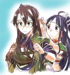  adjusting_headwear ahoge alternate_hair_color black_hair brown_hair closed_mouth commentary_request dressing_another frown green_eyes hachimaki hair_between_eyes hair_down hair_ribbon headband high_ponytail japanese_clothes jinbaori kantai_collection katsuragi_(kantai_collection) kimono long_hair multiple_girls muneate remodel_(kantai_collection) ribbon sagamiso short_sleeves tying white_headband white_ribbon zuikaku_(kantai_collection) 