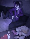  2018 5_fingers anthro canine clothed clothing detailed_background digital_media_(artwork) dog hair holding_object hoodie male mammal nayel-ie purple_eyes purple_hair solo 