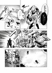  comic falling glowing glowing_eyes greyscale helmet high_heels highres monochrome motion_blur multiple_girls on_ground open_mouth original side-by-side somechime_(sometime1209) stuck sweat translation_request 
