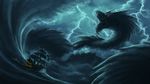  ambiguous_gender detailed_background digital_media_(artwork) feral leviathan lightning night open_mouth outside sarah_hunter ship solo storm teeth thunder tongue vehicle water yellow_eyes 