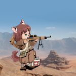  aiming animal_ears battlefield_(series) battlefield_1 blue_eyes brown_hair crutch desert dog_ears dog_girl first_aid_kit furry gun kiyopon military military_uniform original rifle short_hair sniper_rifle solo tail uniform weapon 