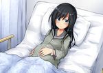  asashio_(kantai_collection) bangs bed black_hair black_sailor_collar blanket blue_eyes blush closed_mouth commentary_request curtains eyebrows_visible_through_hair grey_shirt habara_meguru hands_on_own_stomach hospital_bed jewelry kantai_collection long_hair long_sleeves looking_at_viewer older on_bed pillow pregnant ring sailor_collar shirt smile solo under_covers wedding_band 