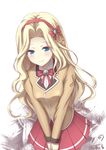  47_(479992103) bangs blonde_hair blue_eyes closed_mouth cygnus_(maplestory) hair_ornament highres long_hair maplestory nose school_uniform shirt skirt solo 