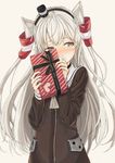  amatsukaze_(kantai_collection) blush box brown_dress brown_eyes covering_face dress gift gift_box hair_tubes holding holding_gift kantai_collection long_hair looking_away remil silver_hair simple_background solo valentine white_background 