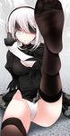  black_blindfold black_dress black_hairband black_legwear blindfold blindfold_lift blue_eyes cleavage_cutout commentary_request dress feet hairband highres leg_up leotard long_sleeves mole mole_under_mouth nier_(series) nier_automata no_shoes oouso silver_hair sitting soles solo teeth thighhighs toes white_hair white_leotard yorha_no._2_type_b 
