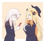  abigail_williams_(fate/grand_order) albino black_bow black_dress black_hat blue_eyes blush bow commentary_request dress fate/grand_order fate_(series) from_side hair_bow hat holding horn lavinia_whateley_(fate/grand_order) long_hair looking_at_another looking_down multiple_girls orange_background orange_bow pale_skin pink_eyes polka_dot polka_dot_bow ribbed_dress shiromikuro sleeves_past_wrists sweat trembling valentine very_long_hair white_hair yuri 