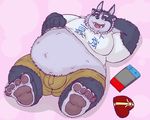  clothed clothing clothing_lift console feet holidays moobs multi_ear nintendo nintendo_switch obese overweight pawpads shirt shirt_lift shorts third_eye tokyo_afterschool_summoners tsathoggua usikuma valentine&#039;s_day video_games 