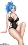  artist_name black_swimsuit blue_eyes blue_hair breasts highres large_breasts leona_heidern light_blush looking_at_viewer medium_hair one-piece_swimsuit oslight patreon_username ponytail simple_background sitting snk solo swimsuit the_king_of_fighters watermark web_address white_background 