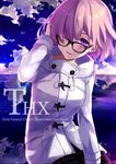  black-framed_eyewear black_skirt blue_sky cloud copyright_name day duffel_coat fate/grand_order fate_(series) fujikiri_yana glasses hair_over_one_eye hand_in_hair highres mash_kyrielight outdoors pantyhose pink_hair purple_eyes skirt sky smile solo standing white_coat 