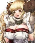  ahoge anila_(granblue_fantasy) blonde_hair blush breasts brown_eyes clenched_hands draph eyebrows_visible_through_hair fur_trim gloves granblue_fantasy highres horns large_breasts long_hair maou_(maoudaisukiya) open_mouth sheep_horns solo thick_eyebrows upper_body white_background white_gloves 