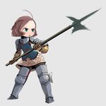  ahoge armor blue_eyes brown_hair chibi commentary forehead gauntlets gorget greaves halberd holding holding_weapon kiyopon medieval original polearm sabaton short_hair simple_background solo weapon 