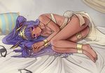  absurdres animal_ears anklet armlet ass barefoot bikini bracelet breasts cleavage commentary_request dark_skin earrings facial_mark fate/grand_order fate_(series) frown gunjin_(aguran) hair_ornament highres hoop_earrings jackal_ears jewelry long_hair medium_breasts medjed nitocris_(fate/grand_order) nitocris_(swimsuit_assassin)_(fate) purple_eyes purple_hair solo swimsuit thighlet very_long_hair 