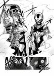  armor breasts comic glowing glowing_eyes greyscale helmet highres large_breasts lipstick makeup monochrome multiple_girls navel original somechime_(sometime1209) translation_request 