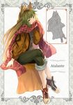  alternate_costume animal_ears atalanta_(fate) blonde_hair character_name crossed_legs fate/apocrypha fate_(series) fox_ears green_eyes green_hair green_pants invisible_chair long_hair multicolored_hair open_mouth pants red_scarf scarf sitting solo two-tone_hair very_long_hair yatsuka_(846) 