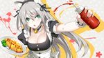 animal_ears bell breasts cat_ears character_request choker cleavage closers condiment dish fake_animal_ears food frills green_eyes grey_hair hairband highres jingle_bell ketchup large_breasts long_hair looking_at_viewer maid omurice open_mouth ress short_sleeves snowflake_background solo sweatdrop upper_body wrist_cuffs 