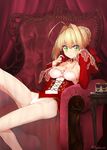  ahoge blonde_hair blush braid breasts cake chair chocolate_cake cleavage cleavage_cutout eyelashes fate/extra fate_(series) flower food french_braid green_eyes hair_intakes hair_ribbon highres juliet_sleeves legs long_sleeves looking_at_viewer medium_breasts nero_claudius_(fate) nero_claudius_(fate)_(all) puffy_sleeves ribbon rose see-through short_hair sitting smile solo suga_hideo thighs twitter_username 