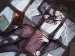  bangs black_legwear blouse book clock commentary_request cravat feet_out_of_frame from_above highres horns long_hair looking_at_viewer lying off_shoulder on_back original pantyhose paper shorts solo suspenders usukuchi_(impasto_life) white_blouse white_hair window_shade 