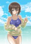  bangs beach blue_swimsuit breasts closed_mouth cloud cloudy_sky competition_school_swimsuit cowboy_shot day eyebrows_visible_through_hair girls_und_panzer long_sleeves looking_at_viewer medium_breasts muichimon nishizumi_maho no_pants ocean off_shoulder one-piece_swimsuit shirt short_hair sky solo sparkle standing swimsuit unzipped yellow_shirt 
