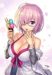  bare_shoulders blush bow bow_swimsuit breasts cleavage collarbone dress dress_swimsuit eyebrows_visible_through_hair fate/grand_order fate_(series) glasses hair_over_one_eye highres ice_cream_cone large_breasts lavender_hair licking light_particles looking_at_viewer mash_kyrielight npcpepper pink_bow purple_eyes shiny shiny_hair shiny_skin short_hair sleeveless sleeveless_dress solo swimsuit swimsuit_of_perpetual_summer white_swimsuit 