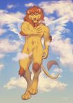  2018 4_toes 5_fingers anthro day detailed_background digital_media_(artwork) digitigrade feline fur kero_tzuki lion male mammal orange_fur outside sky solo toes yellow_fur 