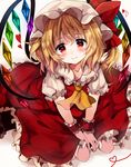  ascot blonde_hair blush bow closed_mouth collarbone crystal dress flandre_scarlet hat hat_bow heart heart-shaped_pupils looking_at_viewer mob_cap puffy_short_sleeves puffy_sleeves red_bow red_dress red_eyes short_hair short_sleeves side_ponytail sitting smile solo symbol-shaped_pupils touhou uguisu_mochi_(ykss35) wings wrist_cuffs 