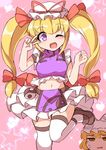  adapted_costume blonde_hair breasts chibi commentary_request crop_top fun_bo hair_ribbon hat hat_ribbon heart jitome layered_skirt magical_girl medium_breasts midriff miniskirt mob_cap multiple_girls navel one_eye_closed open_mouth pillow_hat pink_background purple_eyes purple_shirt red_ribbon ribbon shirt shoes skirt sleeveless sleeveless_shirt sparkle standing standing_on_one_leg star sweatdrop thighhighs touhou twintails v_over_eye white_skirt yakumo_ran yakumo_yukari yellow_eyes yin_yang zettai_ryouiki 