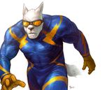  2009 anthro blue_clothing brown_nose bulge canine clothed clothing digital_media_(artwork) dog eyewear front_view fur gloves goggles male mammal nick300 nipple_bulge orange_clothing orange_gloves signature solo superhero tight_clothing white_fur white_tail 