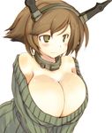  blush breasts brown_eyes brown_hair cleavage closed_mouth eyebrows_visible_through_hair green_sweater headgear huge_breasts kantai_collection looking_away mutsu_(kantai_collection) sakaki_(noi-gren) short_hair simple_background smile solo sweater upper_body white_background 